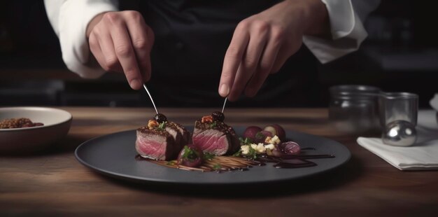 Exquisite Venison Presentation Skilled Chef Plates Sliced Seared Venison in a Professional Kitchen AI Genereted