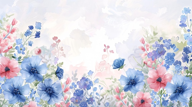 An exquisite watercolor banner illustrating a border of blue and pink flowers rendered with meticulous handdrawing techniques The floral decoration featuring graceful and detailed blooms