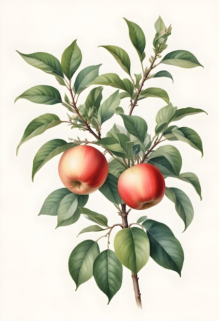 Exquisite Watercolor Painting of Apple Plant on White Background