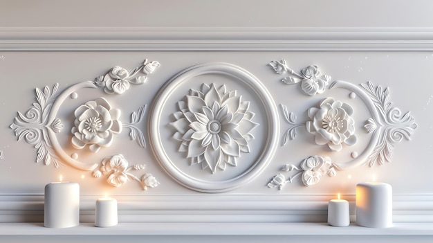 An exquisite white basrelie with a floral motif is mounted on a white wall The basrelief is flanked