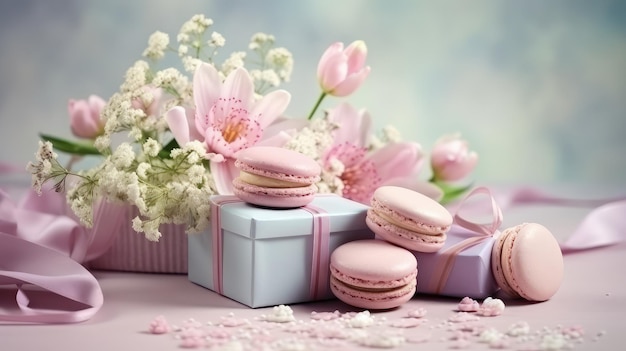 Exquisite Womens Day 8 March Greeting Card Featuring Macaroon and Flowers