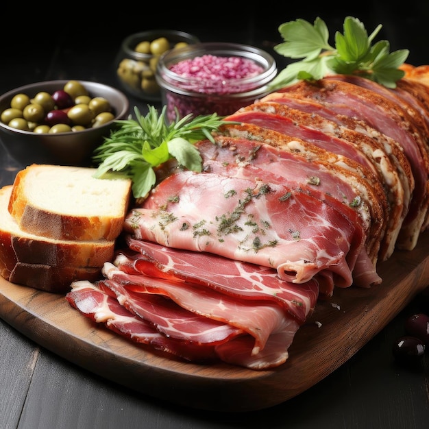 Exquisite wood platter with smoked meat slices and olives