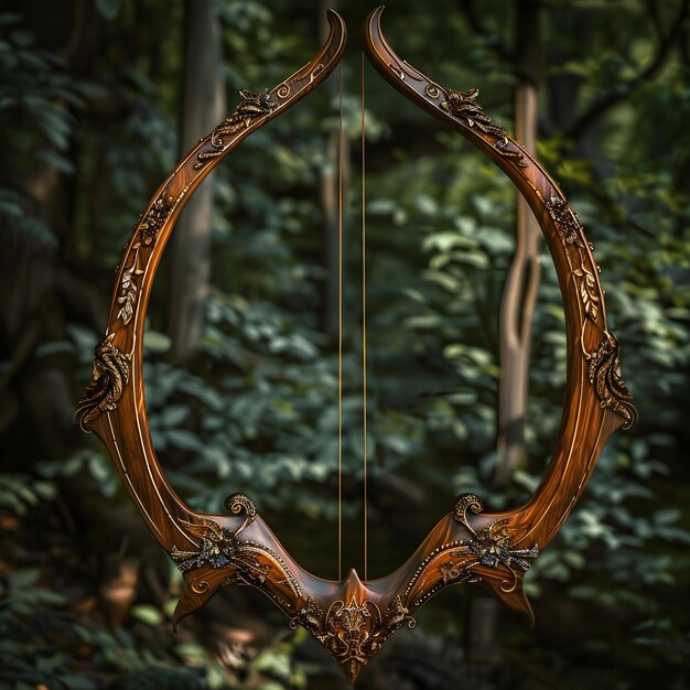 Photo exquisite wooden bow with intricate carvings set against a lush forest backdrop evoking ancient tra