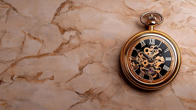 Photo exquisitely detailed vintage pocket watch gracing a soft beige canvas