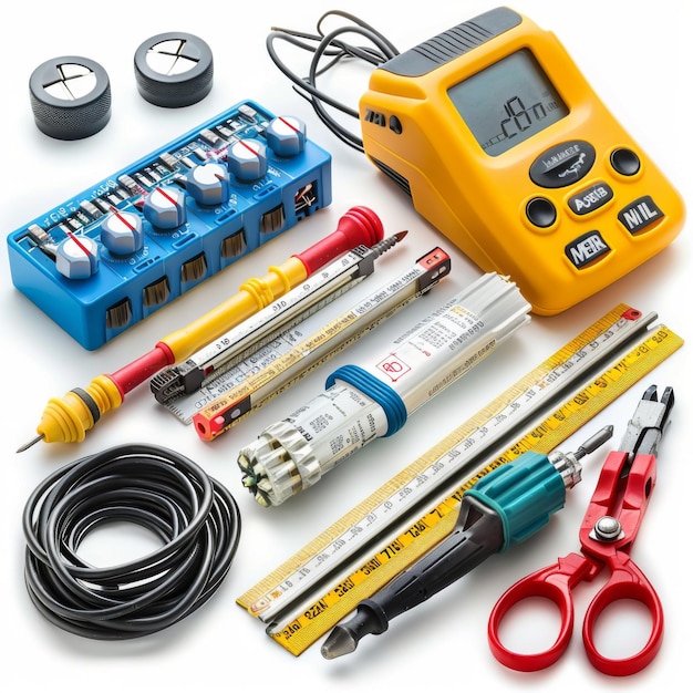 An extensive collection of electronic testing equipment and tools on a white background