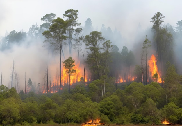 Extensive forest fire with heavy dark smoke in tropical forest Cause of deforestation