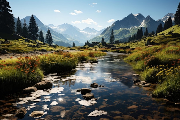 Extensive green landscape with creek mountains and vibrant flowers under serene sky generative IA