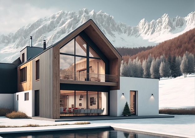 Exterior concept sketch of a modern white minimalist stylish house in mountains with swimming pool Generative AI