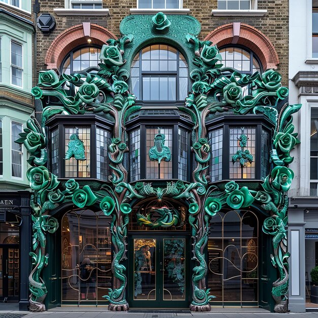 Photo exterior facade view a maximalist baroque cafe inspired by slytherin theme cafe museum on londo