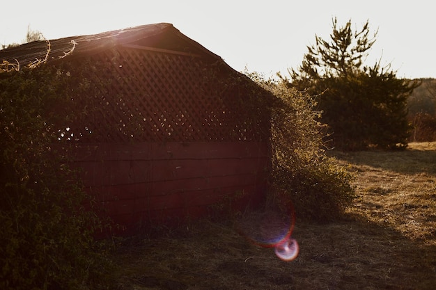 The exterior of the gazebo on in the rays of the sun at sunset