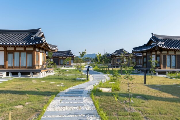 Photo the exterior of the hanokinspired resort is set against lush green lawns