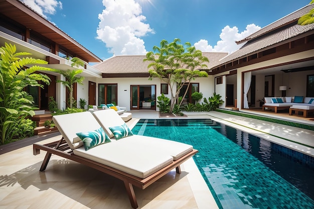 Exterior and interior design showing tropical pool villa with green garden with sun bed and blue sky