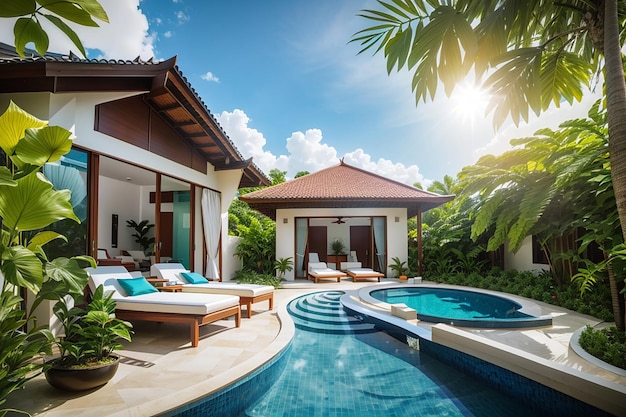 Exterior and interior design showing tropical pool villa with green garden with sun bed and blue sky