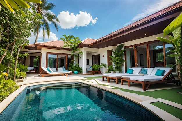 Exterior and interior design showing tropical pool villa with green garden with sun bed and blue sky