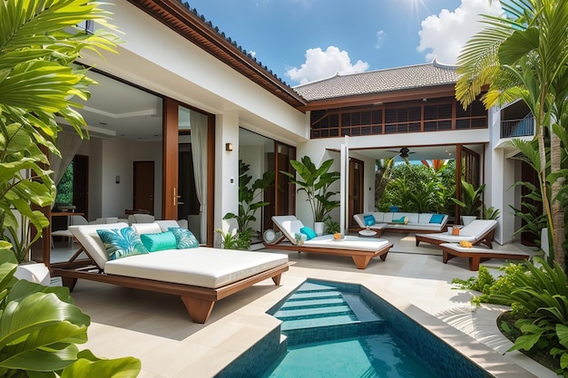 Exterior and interior design showing tropical pool villa with green garden with sun bed and blue sky