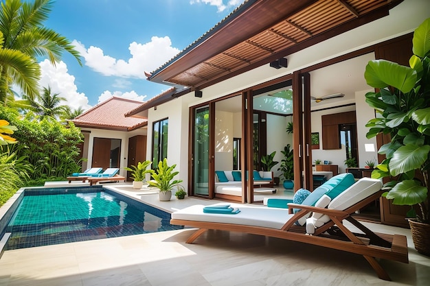 Exterior and interior design showing tropical pool villa with green garden with sun bed and blue sky