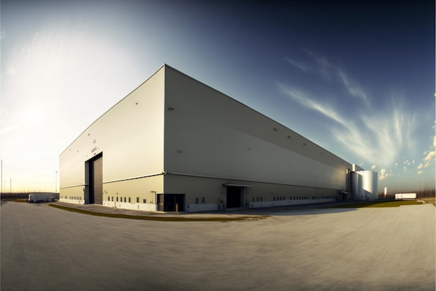 Exterior of large industrial warehouse panorama Generative Ai