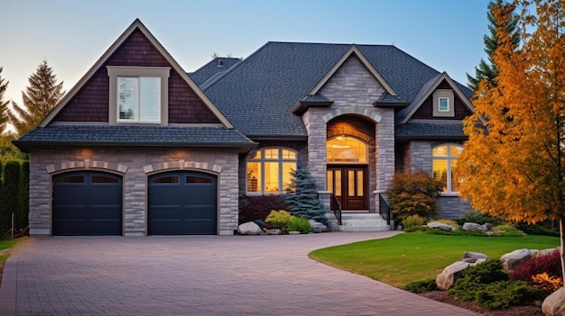 Exterior of a luxury home with a double garage brick and siding trim and Generative AI