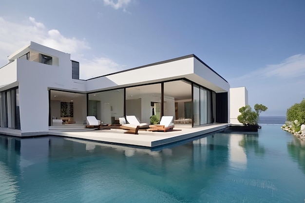 Exterior modern style villa encircled to water