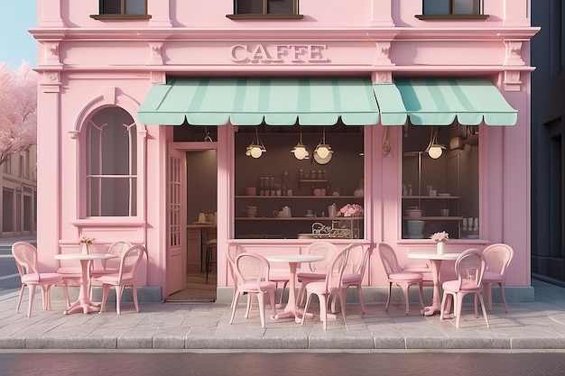 Exterior of outdoor cafe with pastel pink color The shop has blank sign table and chairs