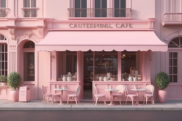 Exterior of outdoor cafe with pastel pink color The shop has blank sign table and chairs