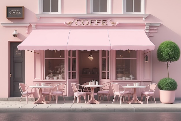 Exterior of outdoor cafe with pastel pink color The shop has blank sign table and chairs