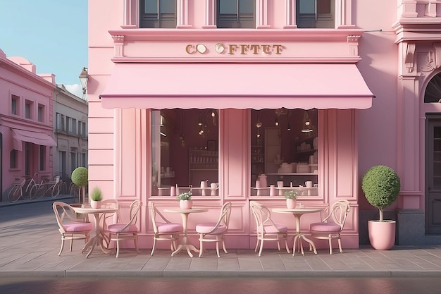 Exterior of outdoor cafe with pastel pink color The shop has blank sign table and chairs