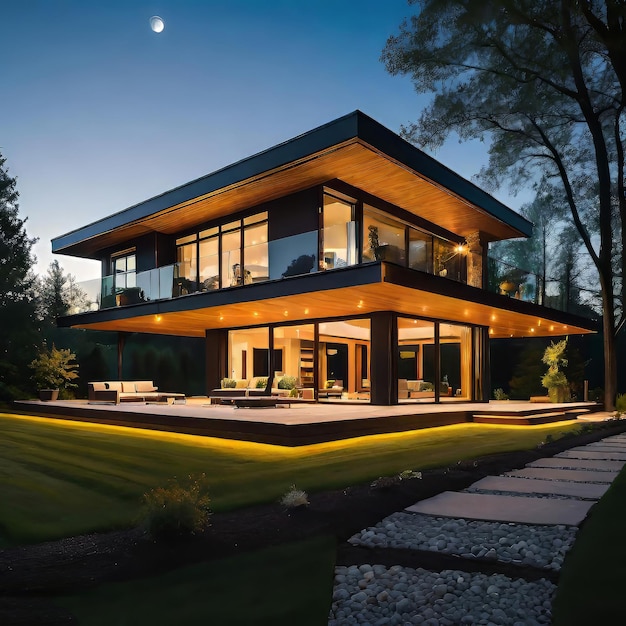 Exterior photography of a high end home modern and minimalist design home in the evening hours