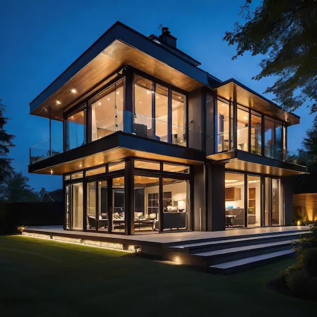 Exterior photography of a high end home modern and minimalist design home in the evening hours