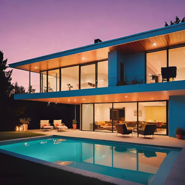 Exterior photography of a high end home modern and minimalist design home in the evening hours