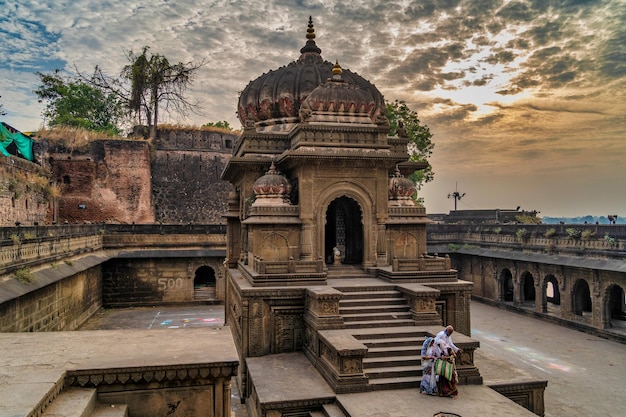 Exterior shots of the scenic tourist landmark Maheshwar fort and temple in Madhya Pradesh India This monument is on the banks of the Narmada River