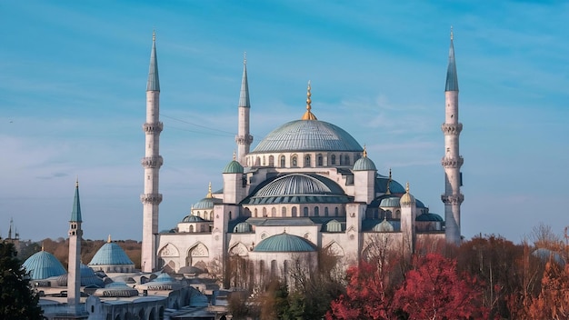 Exterior view of huge white mosque with high white tower