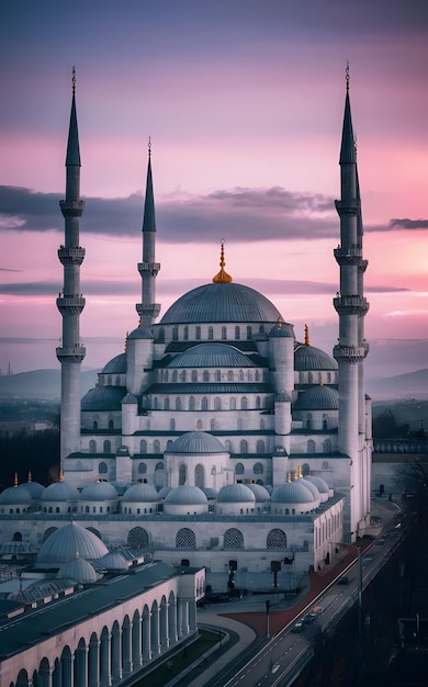 Exterior view of the large white mosque and the tall white tower