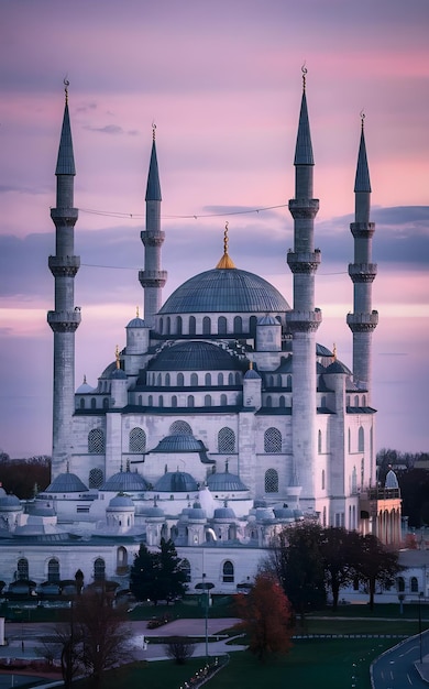 Exterior view of the large white mosque and the tall white tower