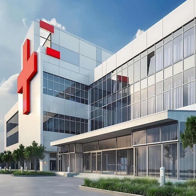 Exterior view of Medical Center with red medical sign