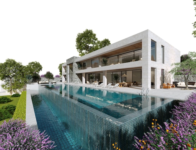 Exterior view of modern pool villa, 3d render