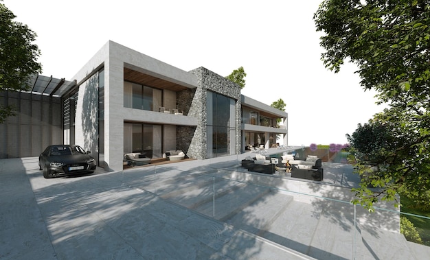 Exterior view of modern pool villa, 3d render