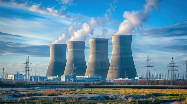 Photo exterior view of a nuclear power plant with cooling towers