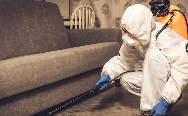 An exterminator in work clothes sprays pesticides with a spray gun. Fight against insects in apartments and houses. Disinsection of the premises.