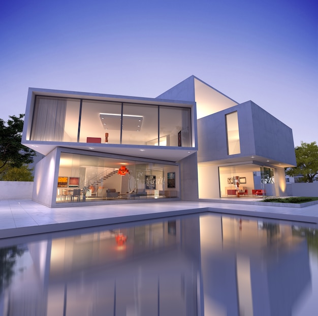 External view of a contemporary house with pool at dusk