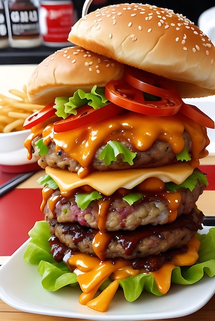 Extra large hamburger with fries mayonnaise and ketchup