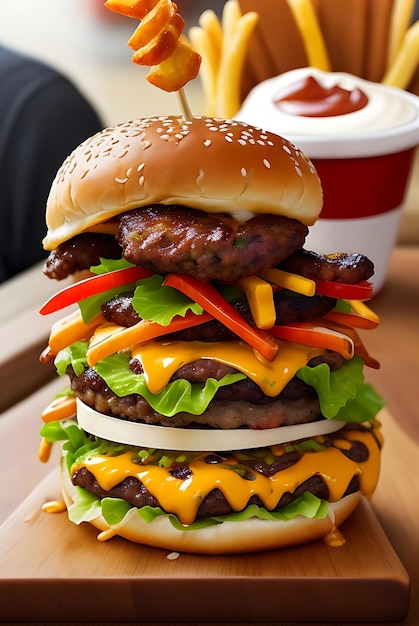 Extra large hamburger with fries mayonnaise and ketchup