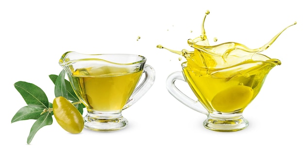 Extra virgin olive oil jar and green branch isolated on white background with clipping path