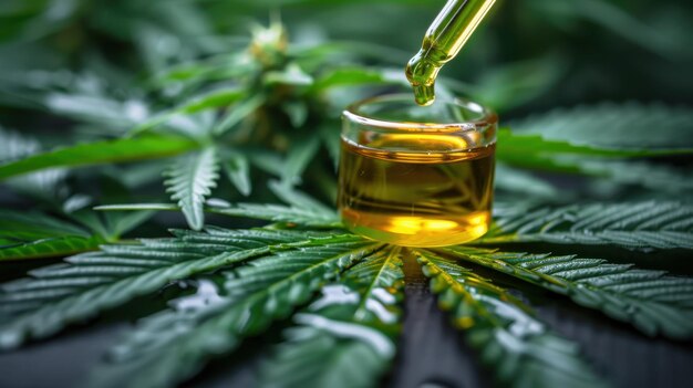 Photo extracting oil from cannabis leaves in a natural setting with a dropper