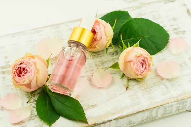 Extrat of rose petals in a glass cosmetic bottle against the background of a rose bud and a white po...