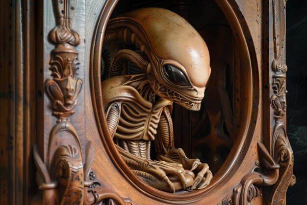 Extraterrestrial figure in ornate wooden frame