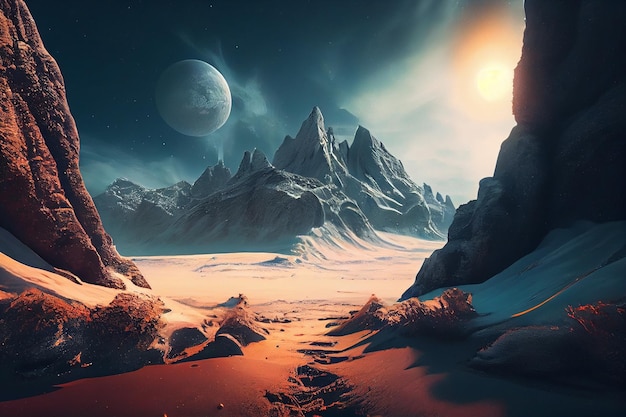 Extraterrestrial landscape alien planet in deep space in wintergenerative ai