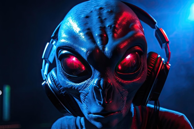 Extraterrestrial man enjoying music with glowing green eyes Generative AI