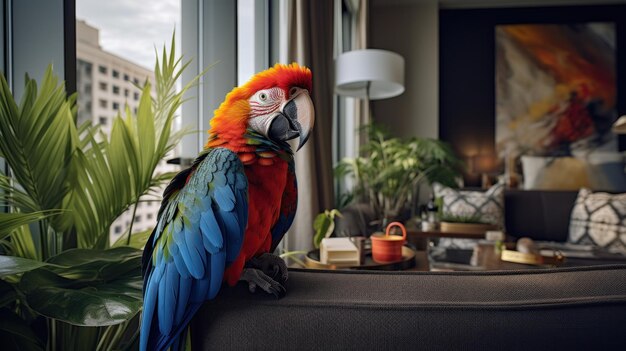 In an extravagant abode resides a stunning redfeathered macaw