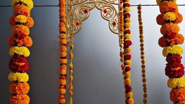 Extravagant decorations of marigold garlands in vibrant colors hanging prominently